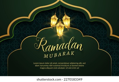 ramadan mubarak banner with beautiful shiny light islamic ornament and abstract gradient dark green background design