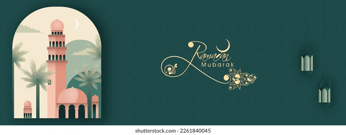 Ramadan Mubarak Banner Design With Closeup of Mosque, Palm Trees On Hanging Lamps Decorated Teal Background.