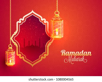 Ramadan Mubarak banner design with hanging illuminated lanterns on red background.