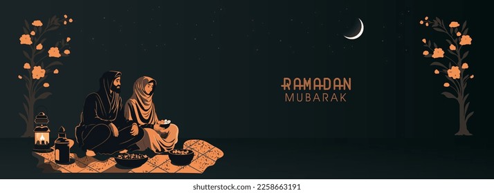 Ramadan Mubarak Banner Design With Muslim Couple Character Enjoying Delicious Food On Crescent Moon Night Background.