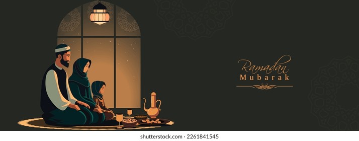 Ramadan Mubarak Banner Design mit muslimischen Familiencharakter Gebet vor dem Essen auf schwarzem Mandala-Muster Hintergrund.