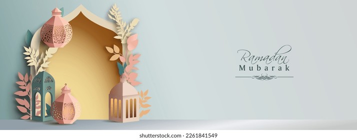 Ramadan Mubarak Banner Design With Origami Paper Arabic Lamps, Leaves On Arch Frame Background.