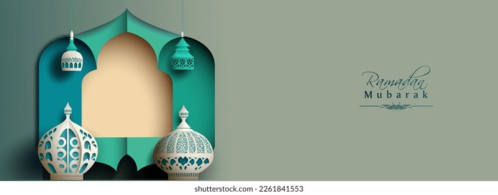 Ramadan Mubarak Banner Design With Origami Arabic Lamps On Paper Cut Arch Shape Background.