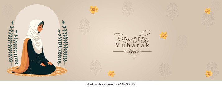 Ramadan Mubarak Banner Design With Young Muslim Woman Character Offering Namaz (Prayer) On Mat.