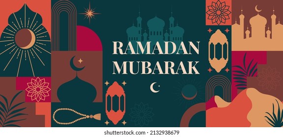 Ramadan mubarak banner, flyer. Greeting card for traditional muslim holiday with symbols lamp, mosque, crescent, rosary for happy celebration. Islamic greeting poster. Vector illustration.