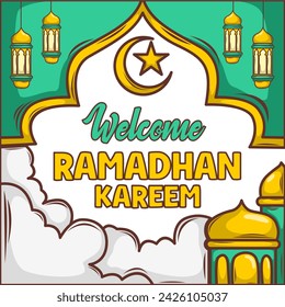 Ramadan mubarak banner  flyer. Greeting card for traditional muslim holiday happy celebration. Islamic greeting poster. Vector illustration.