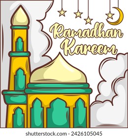 Ramadan mubarak banner  flyer. Greeting card for traditional muslim holiday happy celebration. Islamic greeting poster. Vector illustration.