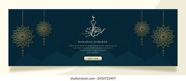 Ramadan Mubarak-Banner mit goldenem Mandala-Kalligraphie-Schriftzug, der "Ramadan Mubarak" auf dunklem Hintergrund bedeutet.