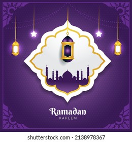 Ramadan Mubarak Banner Greeting for social media template with gold lantern and mosque in purple background