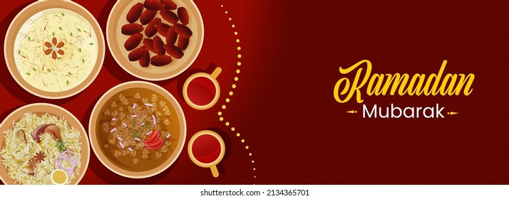 Ramadan Mubarak Banner Or Header Design With Top View Of Delicious Foods Against Red Background.