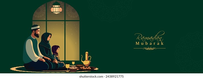 Ramadan Mubarak Banner or Header Design with Illustration of Muslim Family Offering Namaz (Prayer) Before Breaking the Fast on Green Background.