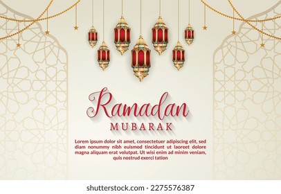 ramadan mubarak banner illustration with quote and beautiful islamic ornament background with abstract gradient white and red