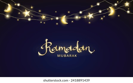 Ramadan Mubarak banner with islamic decoration. Hanging stars and crescents lights string frame. Muslim holidays garland. Night sky shiny moon border. Ramadan calligraphy in arabic style. Vector.