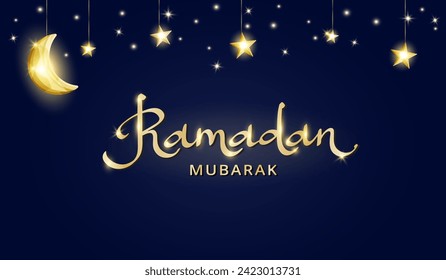 Ramadan Mubarak banner with islamic decoration. Hanging crescent and stars lights string frame. Muslim holidays garland. Night sky shiny moon border. Ramadan calligraphy in arabic style. Vector.