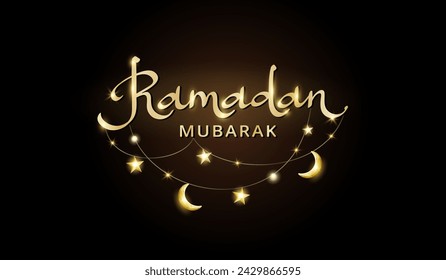 Ramadan Mubarak Banner mit islamischer Dekoration. Hängender Halbmond und Sterne beleuchten Saitenrahmen. Muslimische Feiertage Girlande. Nachthimmel glänzende Mondgrenze. Ramadan-Kalligraphie im arabischen Stil. Vektor.