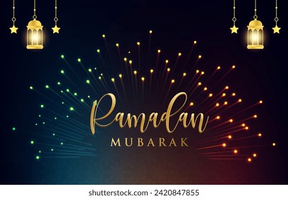 ramadan mubarak banner with islamic ornament and abstract gradient blue and orange background design