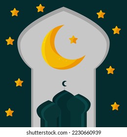 A Ramadan Mubarak banner with a mosque, stars and the moon. Vector