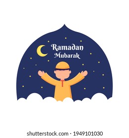 Ramadan Mubarak banner template. Illustration vector graphic. Design concept crescent moon with stars and cute muslim kid in flat design cartoon style, Perfect for banner, Postcard social media