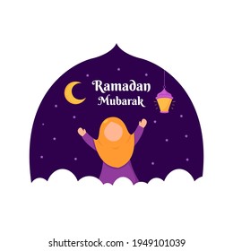 Ramadan Mubarak banner template. Illustration vector graphic. Design concept  crescent moon with stars and cute muslim kid in flat design cartoon style, Perfect for banner, Postcard social media