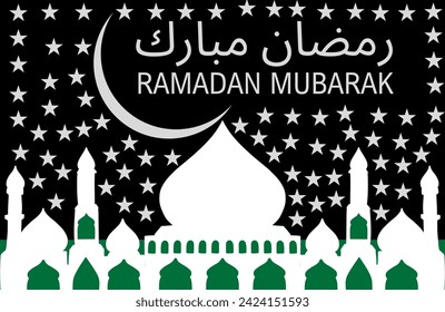 Ramadan Mubarak Banner Vector. Moon stars black background night. Mosque white green color. Meaning of رمضان مبارك is Ramazan Mubarak.