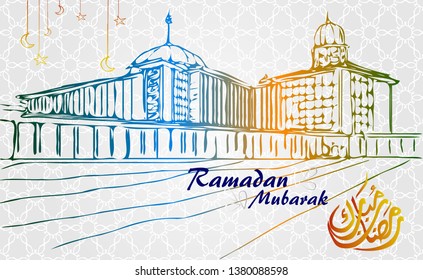 Ramadan Mubarak Beautiful Background. Hand Drawn Sketch Vector illustration.
Istiqlal Mosque Jakarta Indonesia.