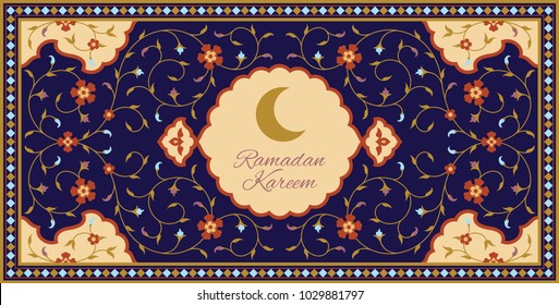 Ramadan Mubarak beautiful greeting card. Background with crescent moon and traditional morocco pattern