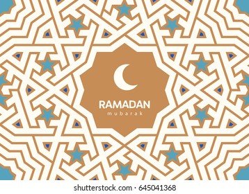 Ramadan Mubarak beautiful greeting card. Background with crescent moon and traditional arabic pattern