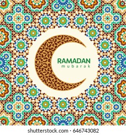 Ramadan Mubarak beautiful greeting card. Background with crescent moon and traditional morocco pattern