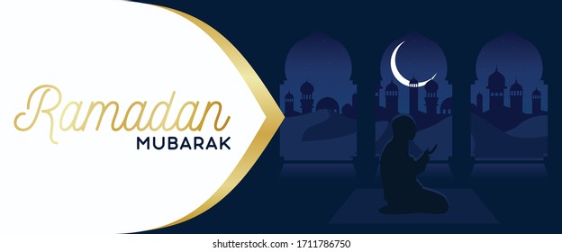 Ramadan Mubarak Beautiful Greetings Card. Calligraphic Typography Design with Mosque and town Illustration. Vector EPS