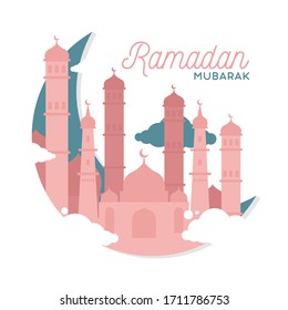 Ramadan Mubarak Beautiful Greetings Card. Calligraphic Typography Design with Mosque and town Illustration. Vector EPS