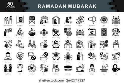 Ramadan Mubarak black icon set reflects spiritual devotion and cultural traditions of the holy month, perfect for faith based designs, educational content, and festive campaigns.