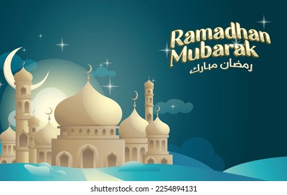 ramadan mubarak (blessed ramadan) islam holy month fasting muslim background social media post template design poster banner mosque masjid vector flat 
