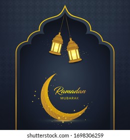 Ramadan Mubarak blue black background with shining hanging golden lanterns, masjid gate and golden crescent moon. Islamic backgrounds for posters, banners, greeting cards and more.