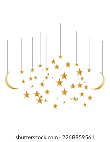 Ramadan Mubarak Border, Islamic art design line star Style Background. Symbols of Ramadan Kareem, Hanging Gold Lanterns,star shape lanterns moon, art vector and illustration