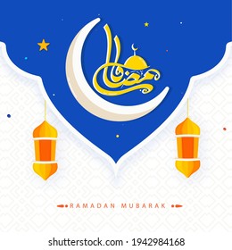 Ramadan Mubarak Calligraphy In Arabic Language With Crescent Moon, Hanging Lanterns On Blue And White Islamic Pattern Background.