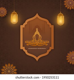Ramadan Mubarak Calligraphy In Arabic Language With Lit Lanterns Hang On Brown Islamic Pattern Background.