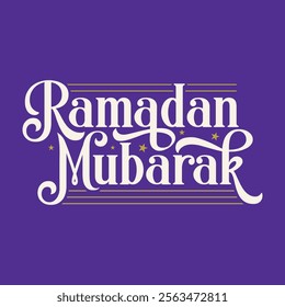 Ramadan Mubarak calligraphy greeting card. Muslim religious holidays celebration poster, banner, template. Ramadan logo, sticker, label, tag. Vector illustration. Purple background.