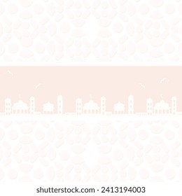 Ramadan Mubarak calligraphy with a light background and cream color, suitable for an Islamic background.with the silhouette of an Islamic mosque
