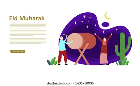 Ramadan Mubarak or celebrating Eid with people character. web landing page template, banner, presentation, social or print media, poster, flyer