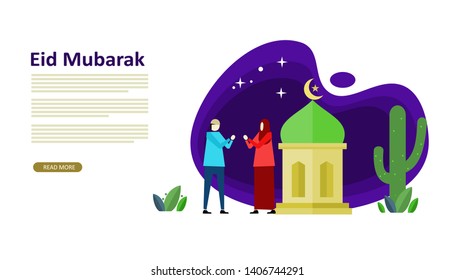 Ramadan Mubarak or celebrating Eid with people character. web landing page template, banner, presentation, social or print media