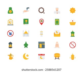 Ramadan Mubarak Celebration. Mosque, Crescent Moon, and Lanterns. Vector Illustration. Flat icon set