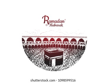 Ramadan Mubarak celebration. vector illustration hand drawing of holy kaaba with half circle shape
