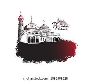 Ramadan Mubarak celebration. vector illustration hand drawing of mosque with red black brush