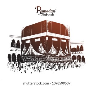 Ramadan Mubarak Celebration. Vector Illustration Hand Drawing Of Big Holy Kaaba In Saudi Arabia