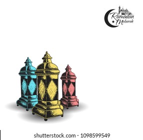 Ramadan Mubarak celebration. vector illustration hand drawing of three colorful islamic lantern on white background