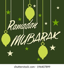 Ramadan Mubarak celebrations greeting card design with hanging ornaments and stars decorated green background. 