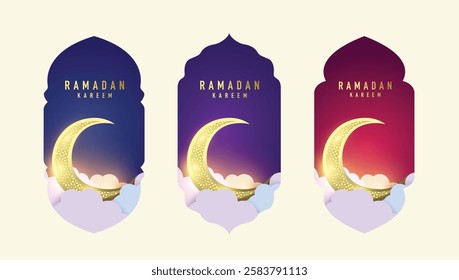 Ramadan Mubarak colorful designs. Greeting cards, backgrounds. Windows and arches with moon. Vector illustration