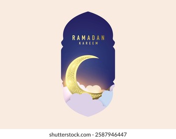 Ramadan Mubarak colorful designs. Greeting cards, backgrounds. Windows and arches with moon. Vector illustration