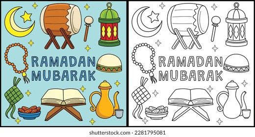 Ramadan Mubarak Coloring Page Colored Illustration