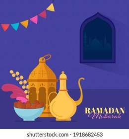 Ramadan Mubarak Concept With Arabic Lantern, Jug, Dates Bowl, Leaves And Mosque Window On Blue Islamic Pattern Background.